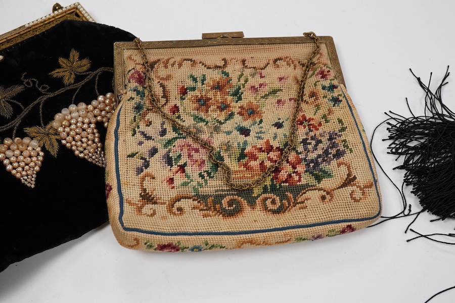 Four vintage embroidered evening bags, with embroidered Arabic calligraphy and purses together with a pair of baby shoes